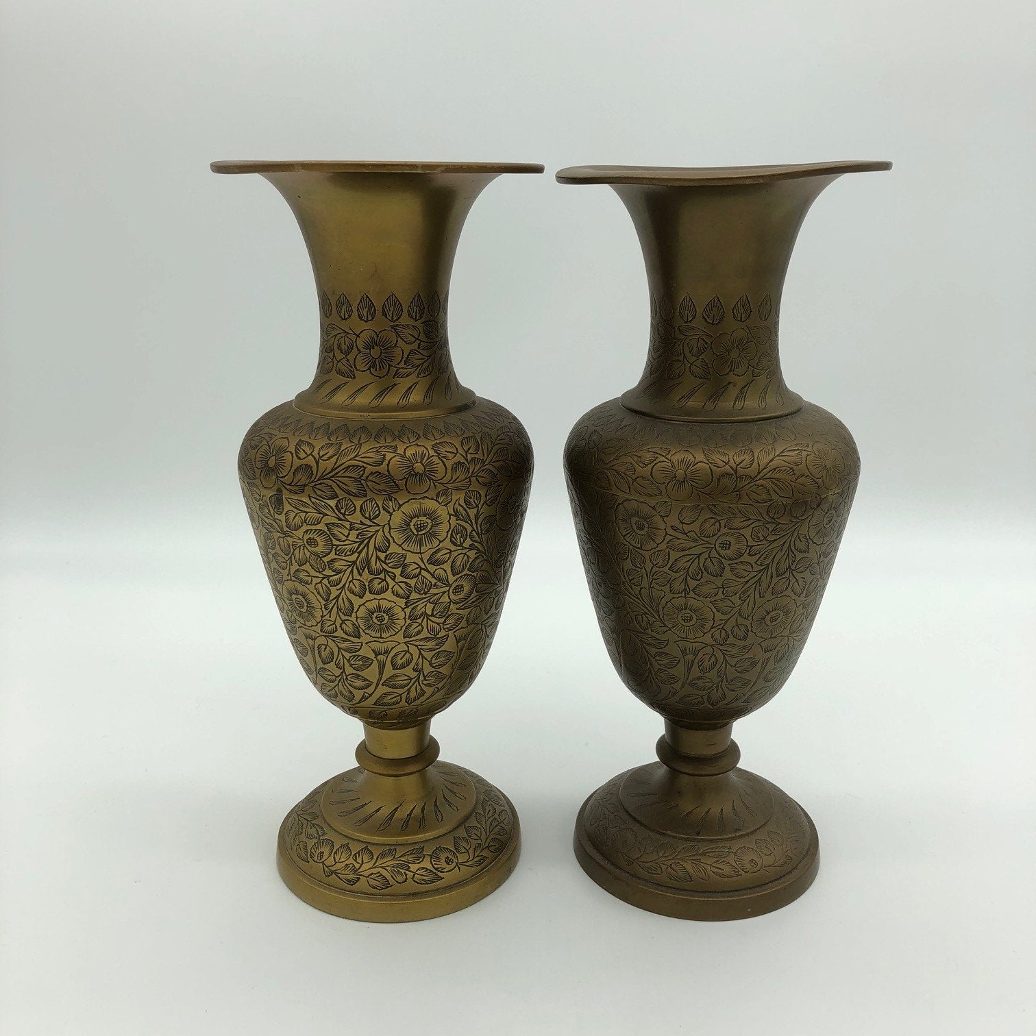 Pair of Vintage Solid Brass Etched Vases made in India
